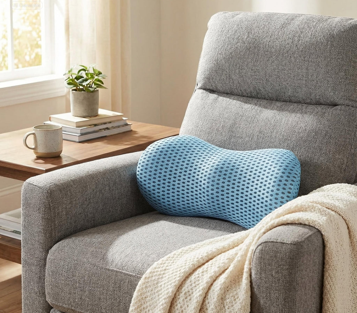 NeoCushion lumbar support pillow positioned on a chair